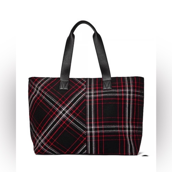 Victoria's Secret Handbags - Victoria's Secret Black Plaid Tote with Red and White Trim